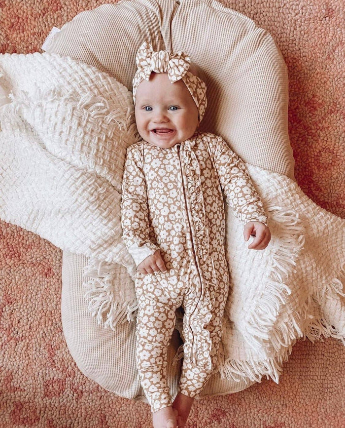 Ruffle Zipper One Piece || Mocha Ditsy Floral