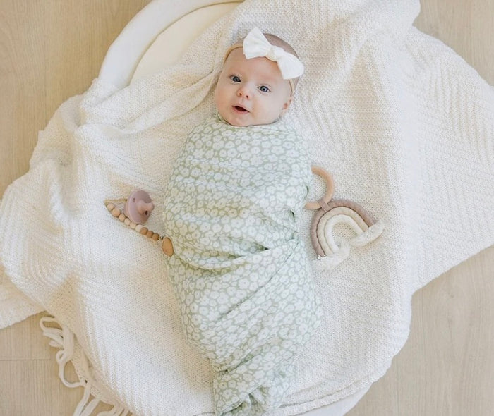 Bamboo Cotton Muslin Swaddle Blanket || Sage Floral