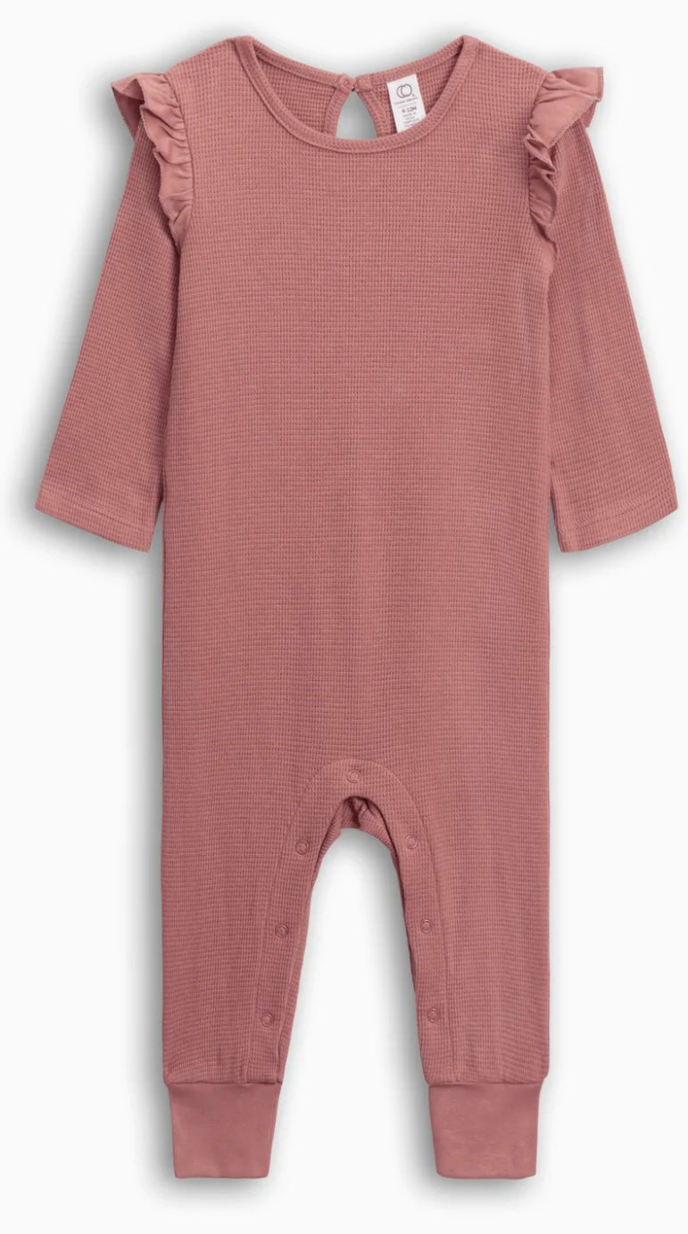 Organic Cotton Mila Waffle Knit Flutter Sleeve Romper || Rouge