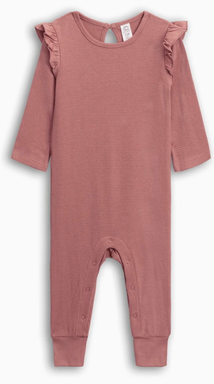 Organic Cotton Mila Waffle Knit Flutter Sleeve Romper || Rouge