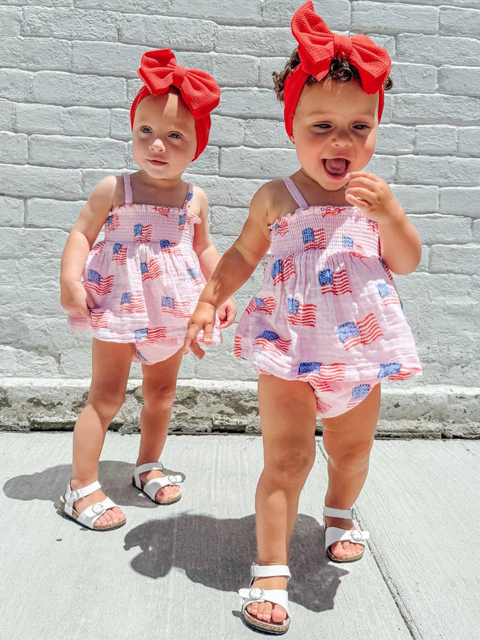 Muslin Smocked Top & Bloomer, American Flag Pink: 3 - 6 mo.
