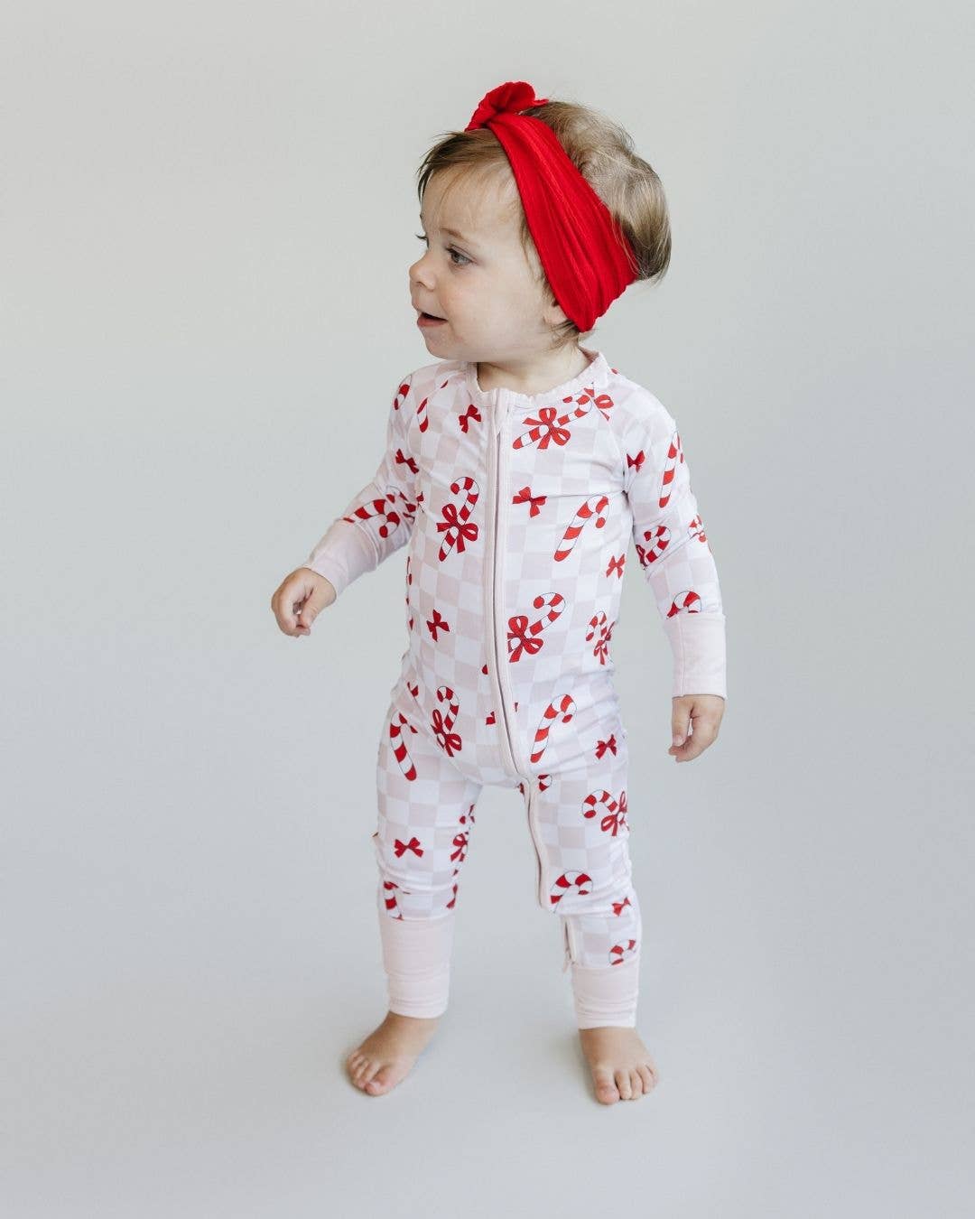 Christmas Baby Bamboo Clothes Zip Romper | Bows & Candy Cane: 12-18M