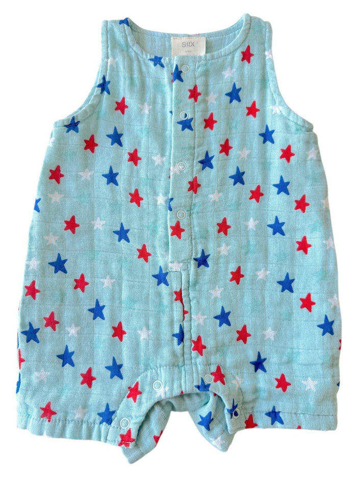 Splendid Stars Blue / Muslin Shortie Romper: 12-18M