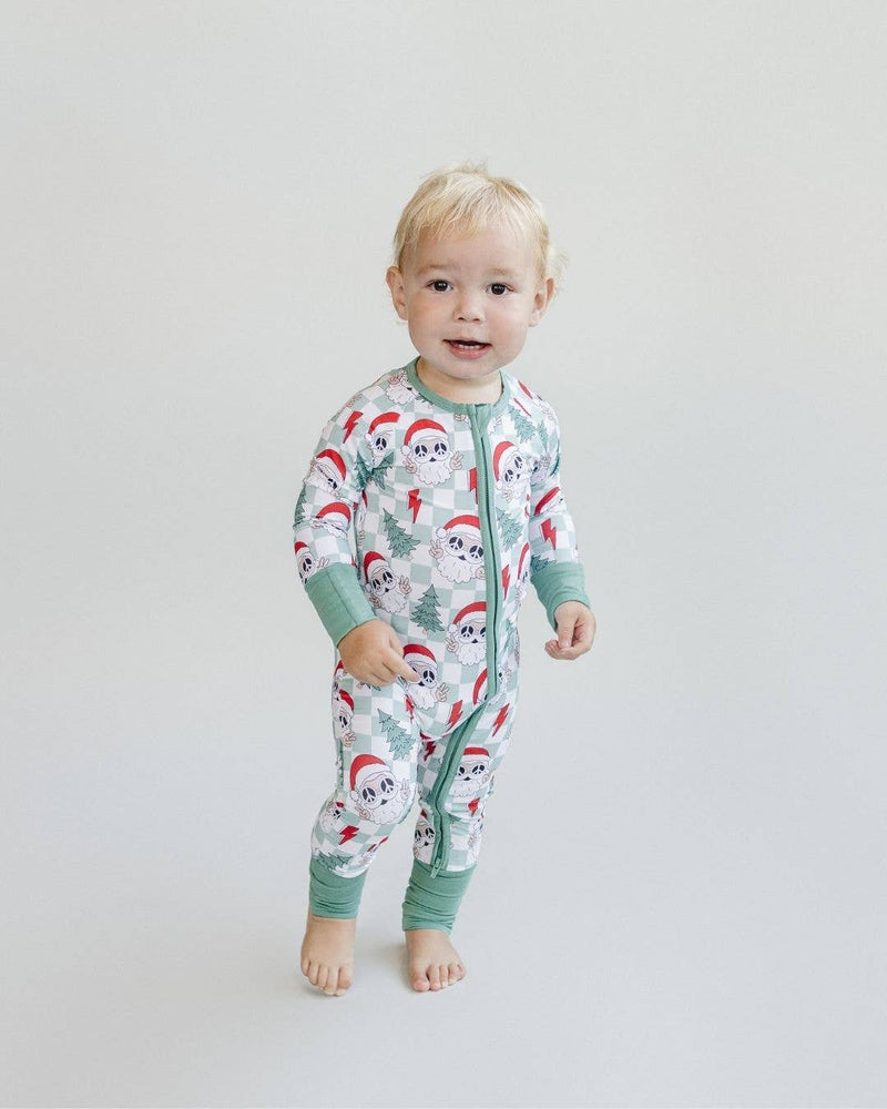 Christmas Baby Bamboo Clothing Zip Romper | Checkered Santa: 18-24M