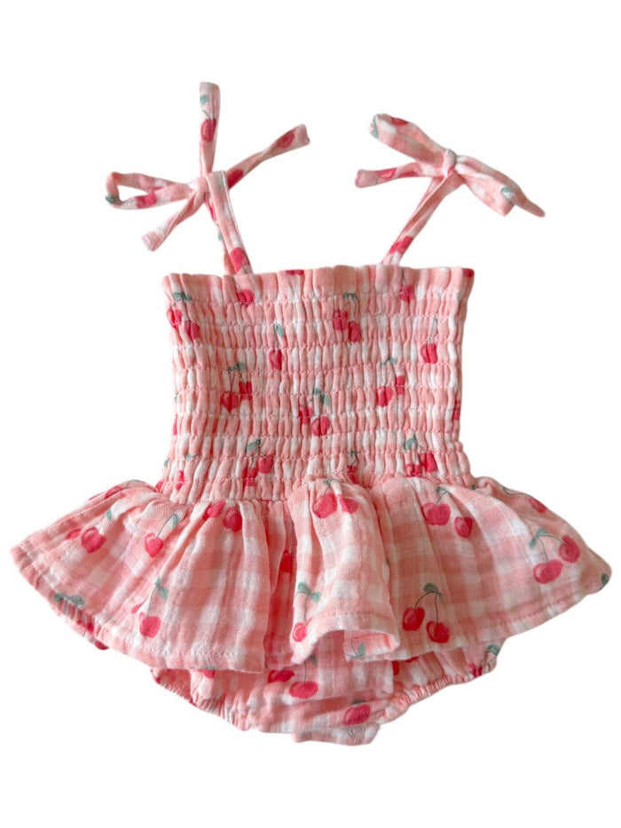 Gingham Cherries / Muslin Smocked Bubble w/ Skirt: 6-12M