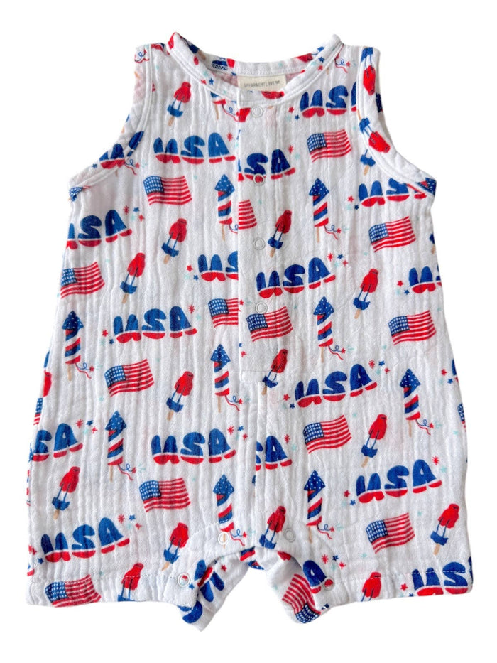 Muslin Shortie Romper, 4th of July: 3 yr.
