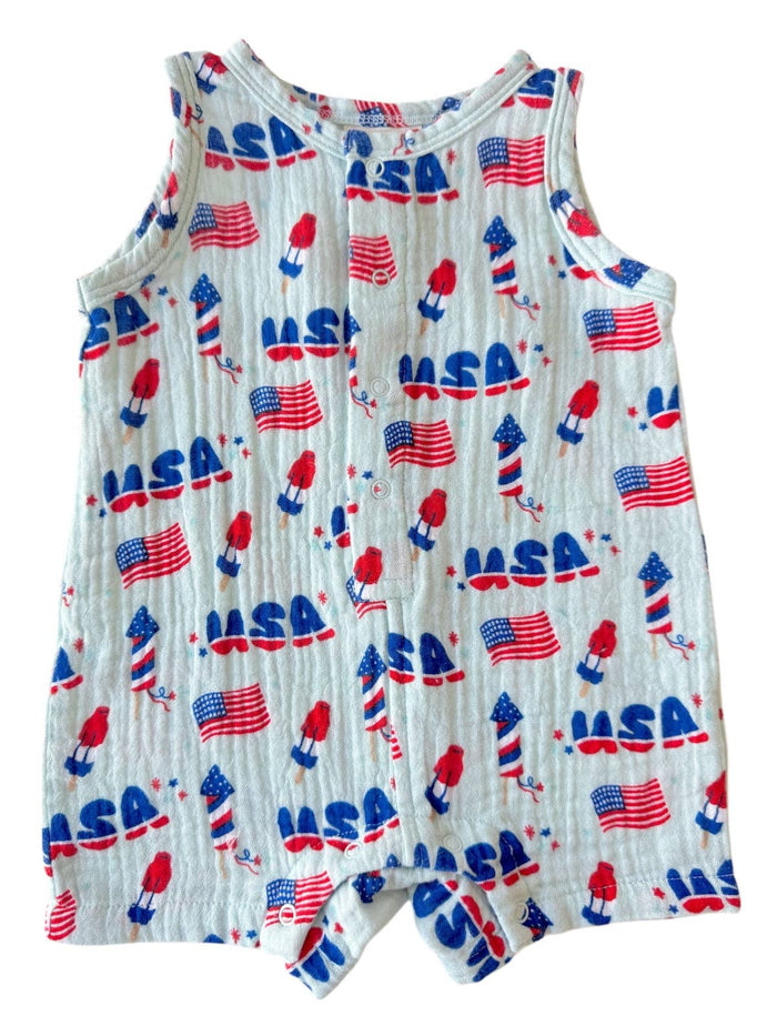 Muslin Shortie Romper, 4th of July Blue: 6 - 12 mo
