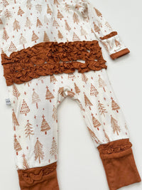 Ruffle Zipper Romper || Pine Christmas Trees