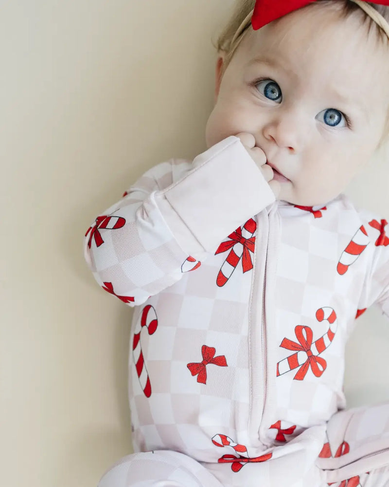 Christmas Baby Bamboo Clothes Zip Romper | Bows & Candy Cane: 12-18M