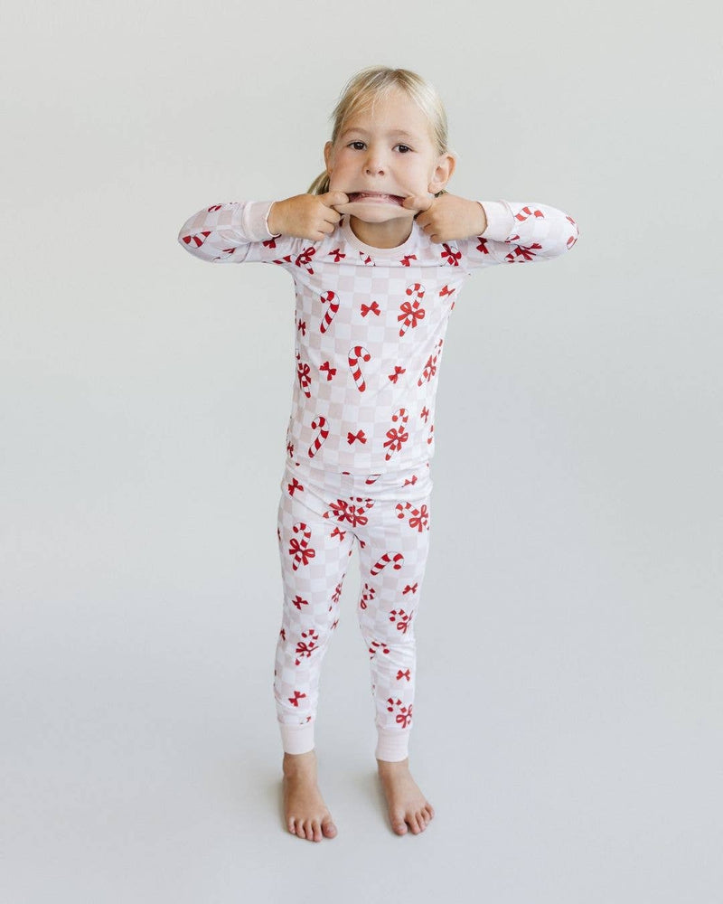 Christmas Bamboo Kids Two Piece Set | Bows & Candy Cane: 6-7Y