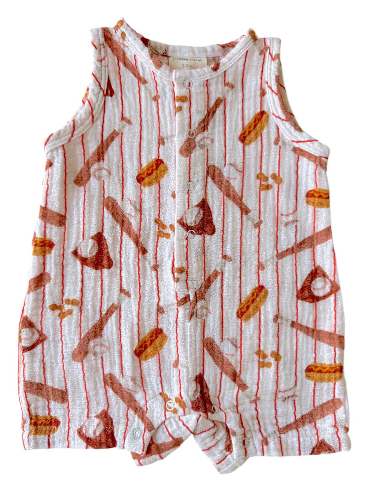 Muslin Shortie Romper, Baseball Game: 3 - 6 mo