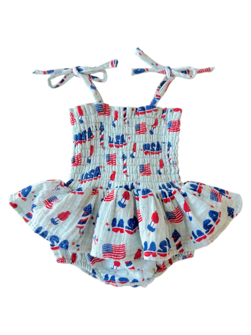 Muslin Smocked Bubble w/ Skirt, 4th of July Blue: 3 - 6 mo.