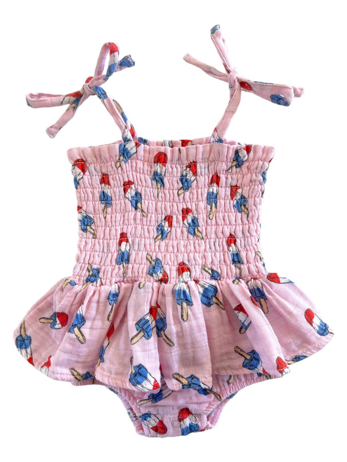 Muslin Smocked Bubble w/ Skirt, Pink Red, White & Blue Popsicle: 2 yr.