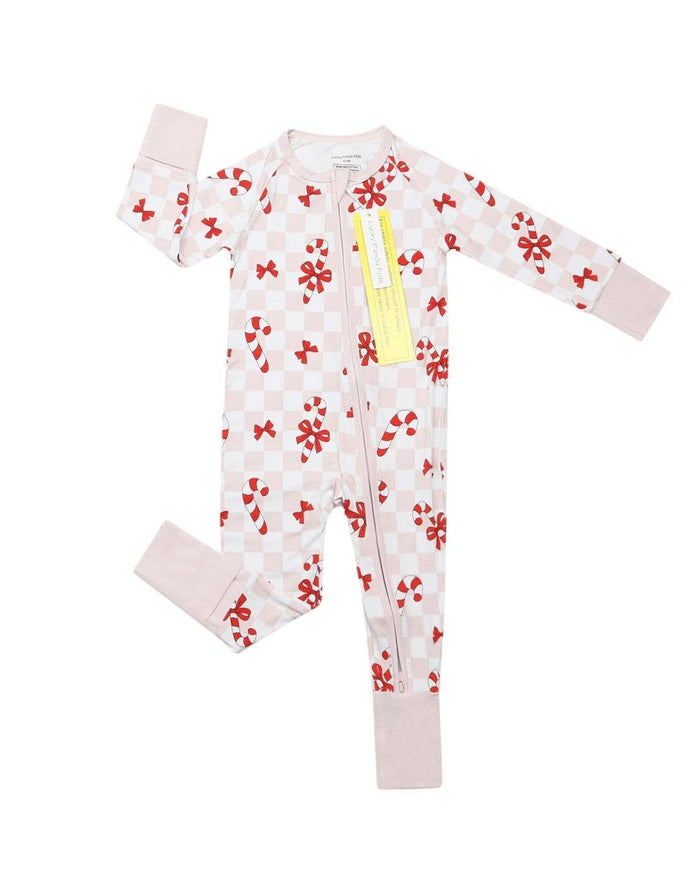 Christmas Baby Bamboo Clothes Zip Romper | Bows & Candy Cane: 12-18M