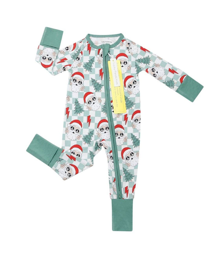 Christmas Baby Bamboo Clothing Zip Romper | Checkered Santa: 6-12M