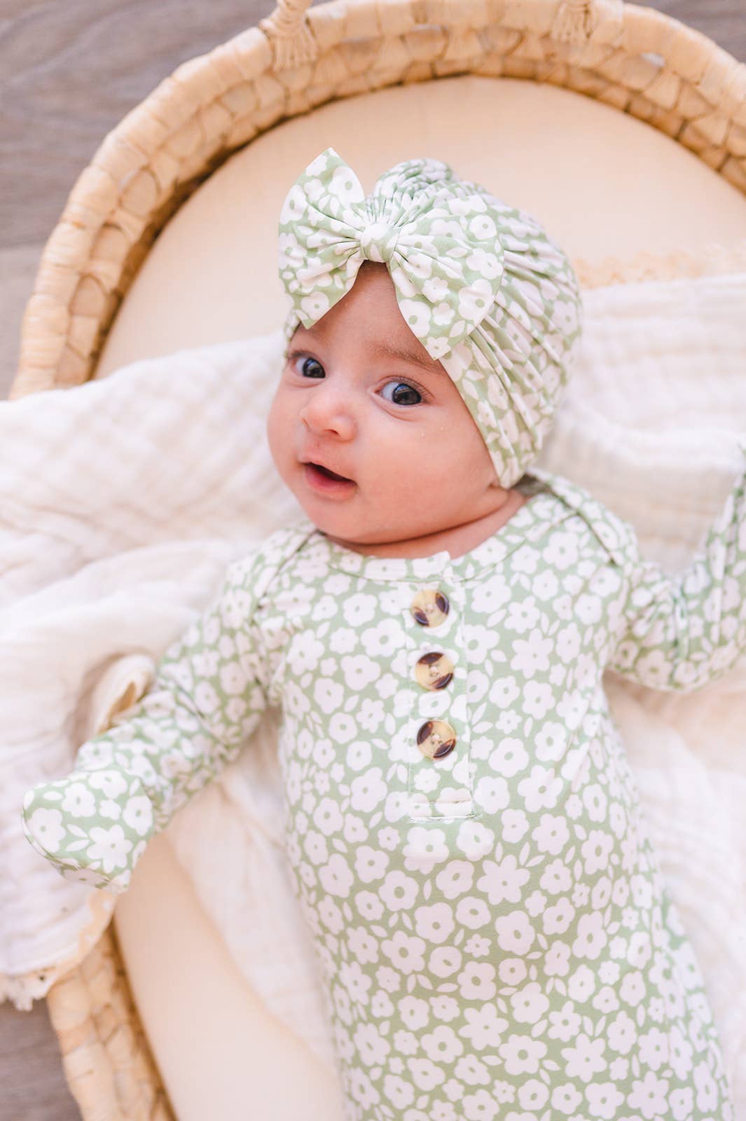 Knotted Baby Gown - Sage Ditsy Floral: Gown and bow turban