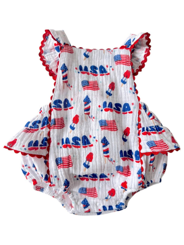 Muslin Ric-Rac Ruffle Sunsuit, 4th of July: 12 - 18 mo.