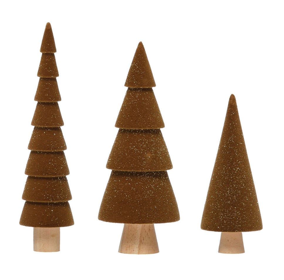 Set of 3 - Flocked Wood Trees with Glitter || Brown