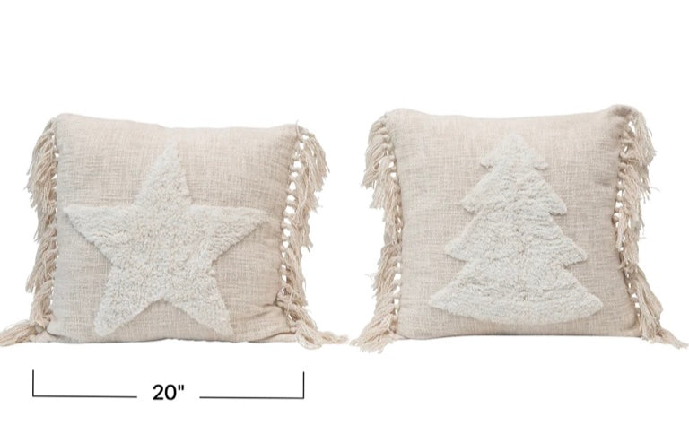 Punch Hook Cotton Blend Holiday Pillows || Cream - 2-Styles