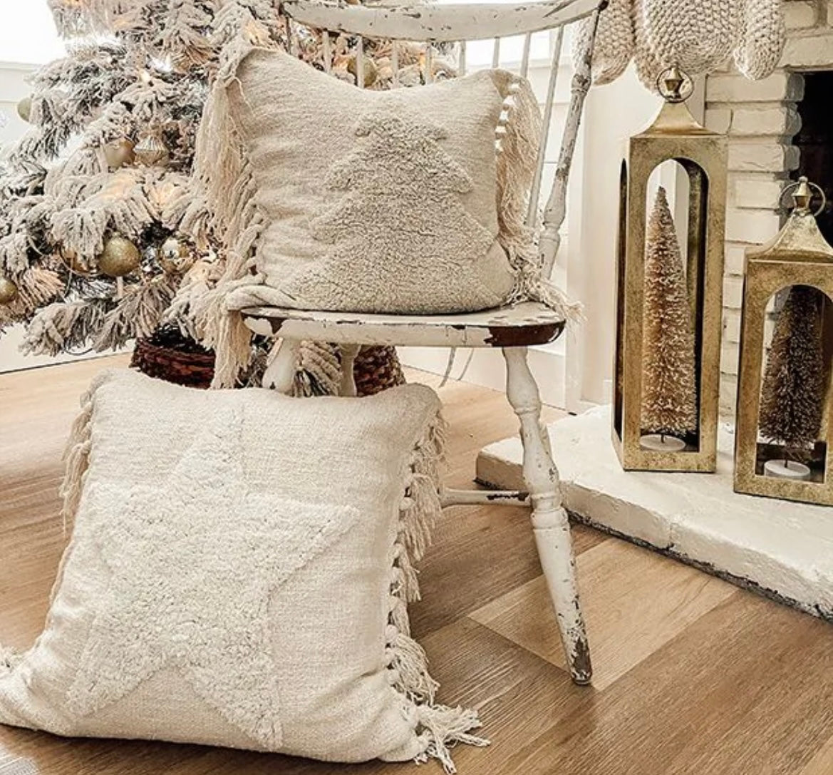 Punch Hook Cotton Blend Holiday Pillows || Cream - 2-Styles