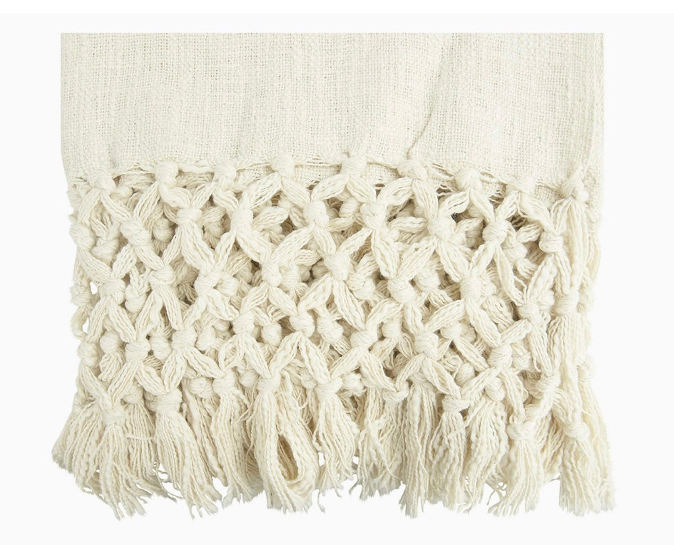 Woven Cotton Crochet + Fringe Throw || Cream