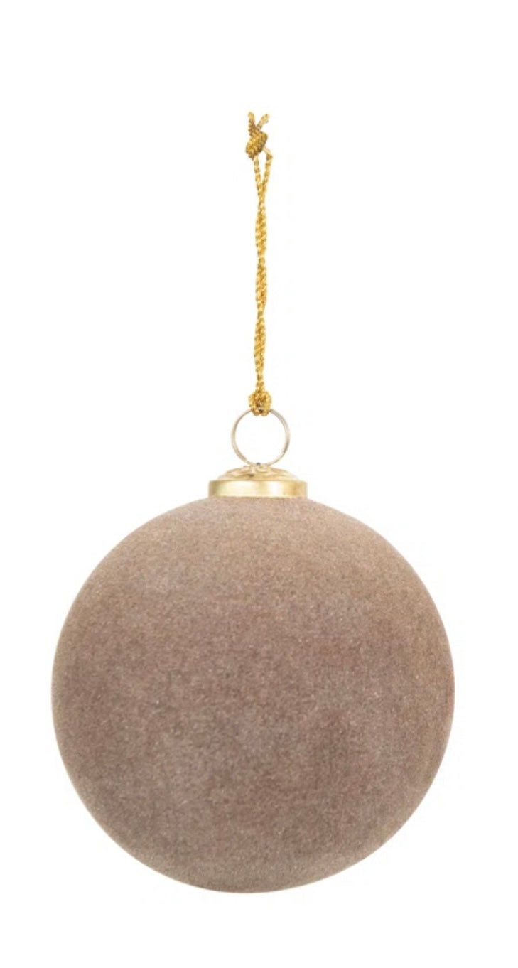 Round Flocked Glass Ball Ornament || Tan - 2 Sizes