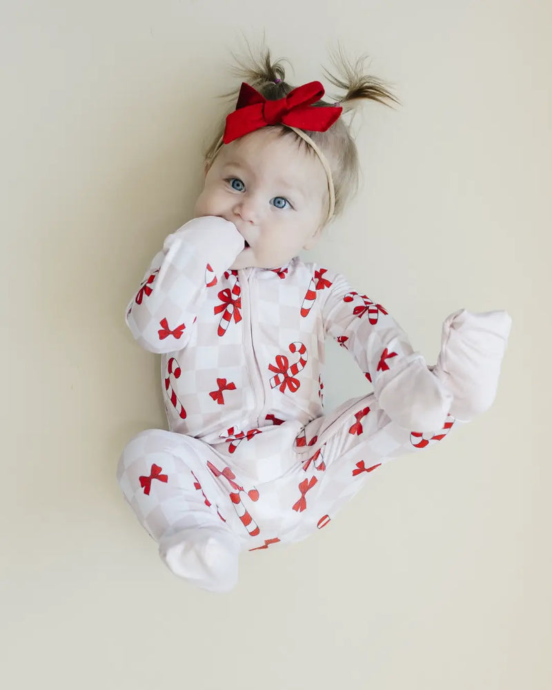 Christmas Baby Bamboo Clothes Zip Romper | Bows & Candy Cane: 12-18M