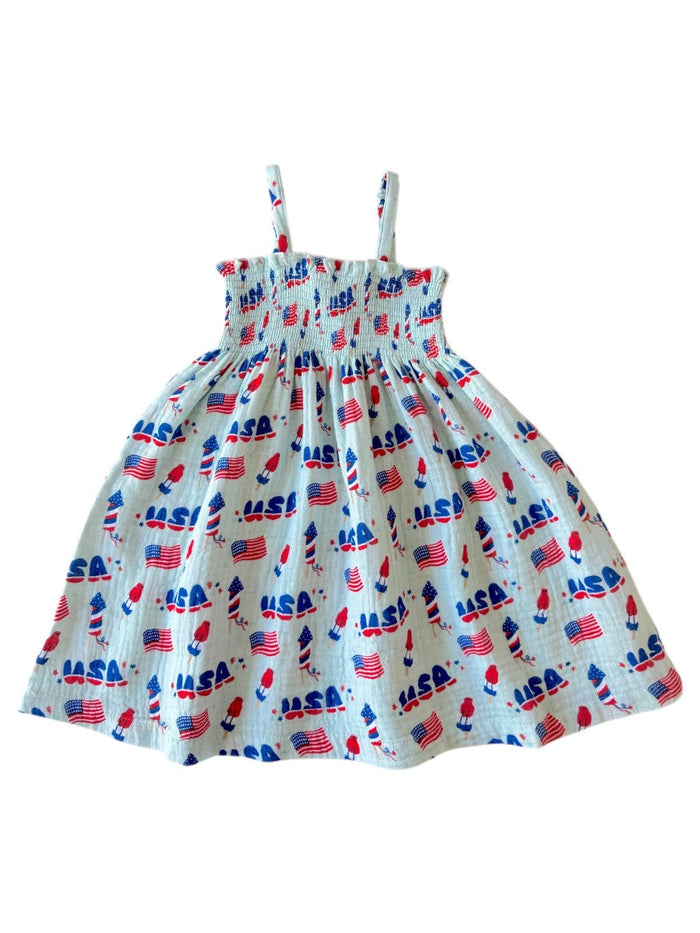 Muslin Smocked Tube Dress, 4th of July Blue: 3 yr.