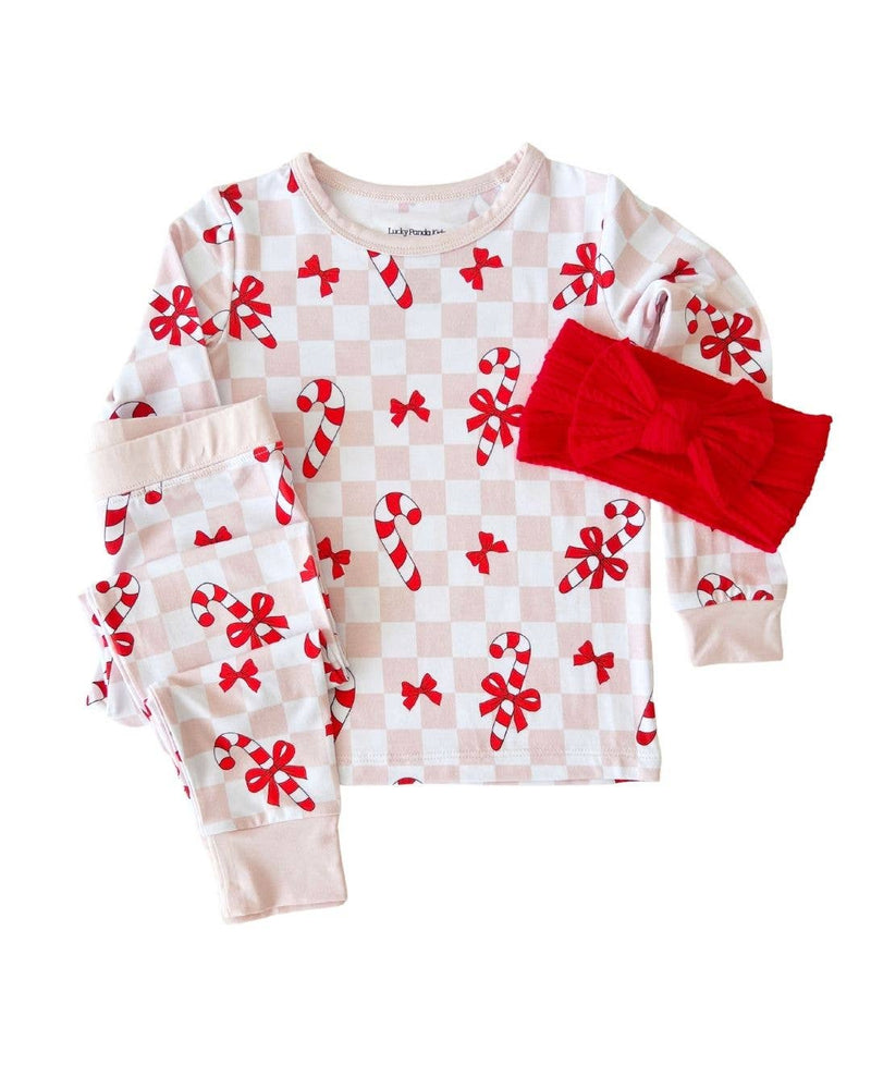 Christmas Bamboo Kids Two Piece Set | Bows & Candy Cane: 6-7Y