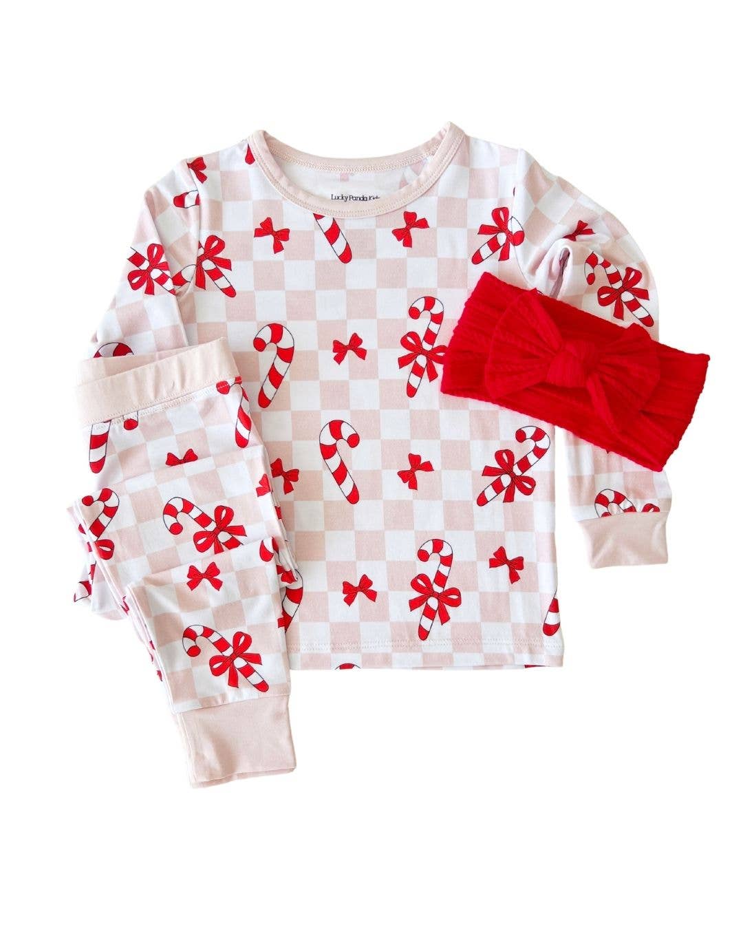 Christmas Bamboo Kids Two Piece Set | Bows & Candy Cane: 2T