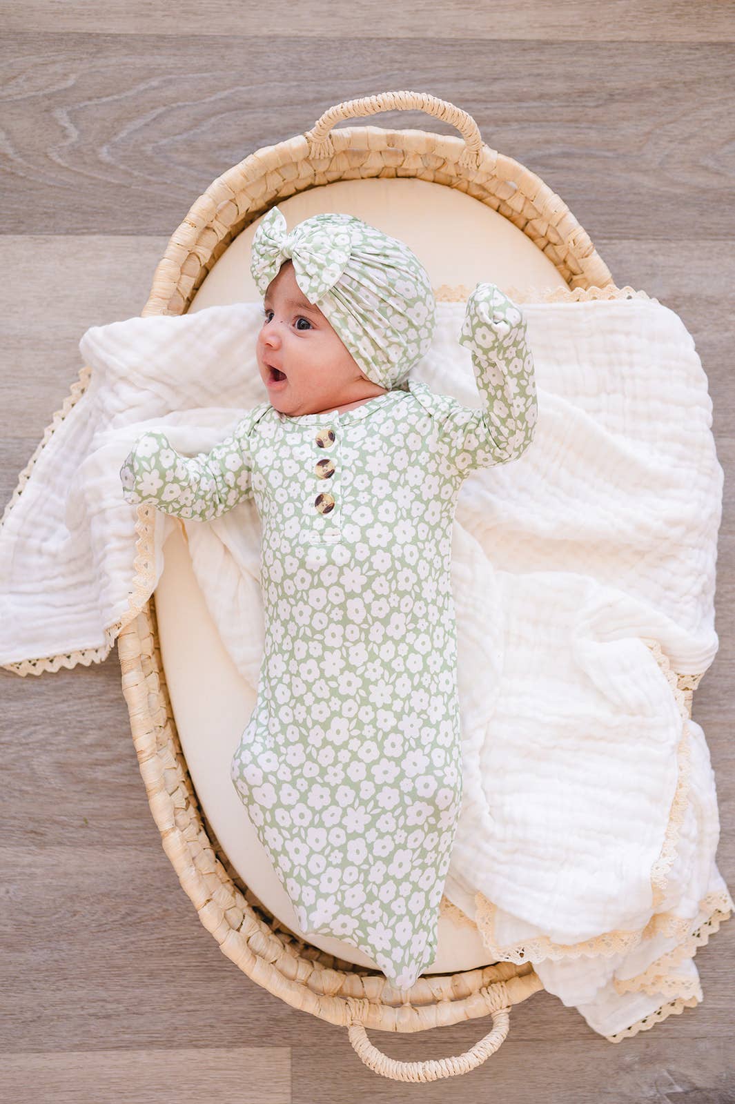 Knotted Baby Gown - Sage Ditsy Floral: Gown and bow turban