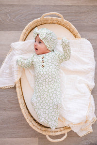 Knotted Baby Gown - Sage Ditsy Floral: Gown and bow turban
