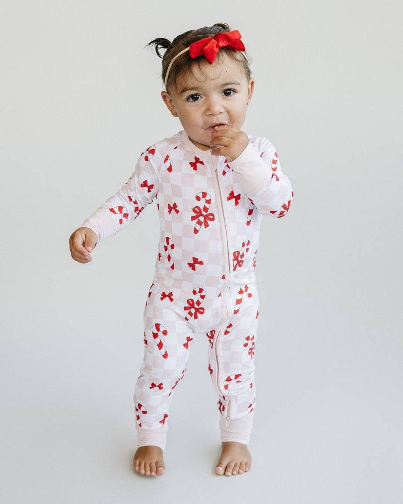 Christmas Baby Bamboo Clothes Zip Romper | Bows & Candy Cane: 12-18M