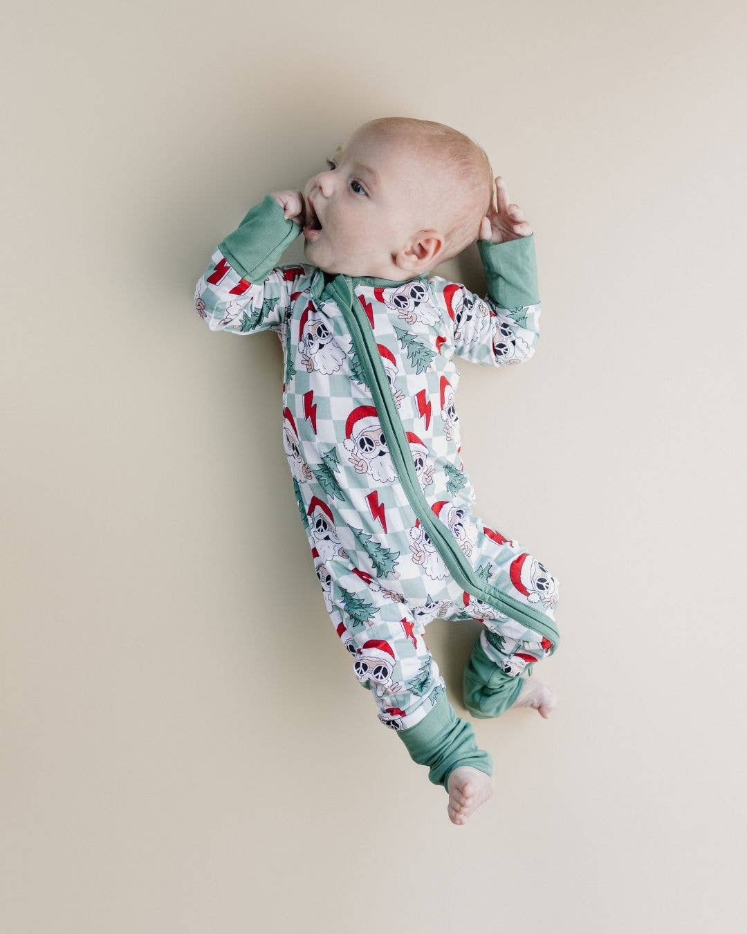 Christmas Baby Bamboo Clothing Zip Romper | Checkered Santa: 18-24M