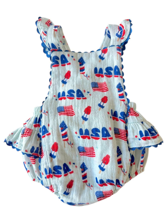 Muslin Ric-Rac Ruffle Sunsuit, 4th of July Blue: 6 - 12 mo.
