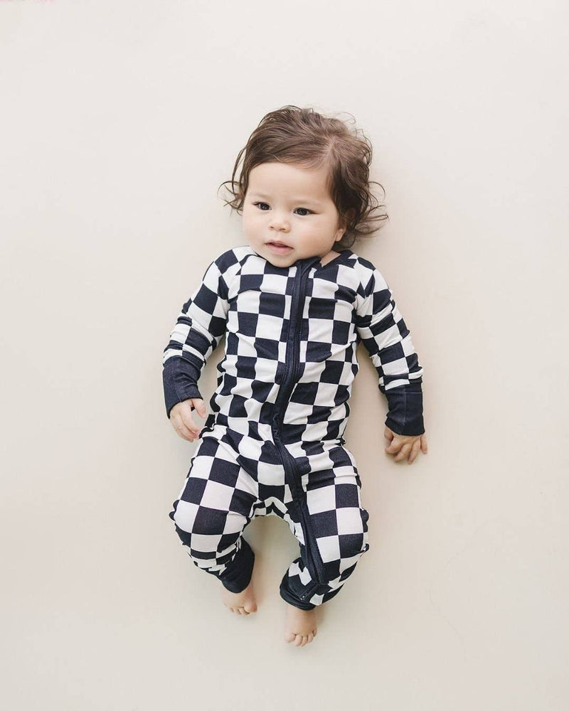 Bamboo Zip Romper | Black Checkered: 6-12M