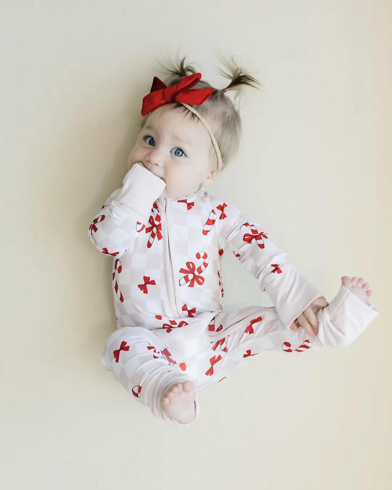 Christmas Baby Bamboo Clothes Zip Romper | Bows & Candy Cane: 12-18M