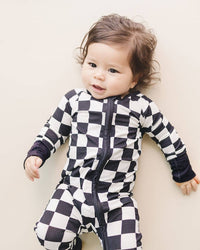 Bamboo Zip Romper | Black Checkered: 6-12M