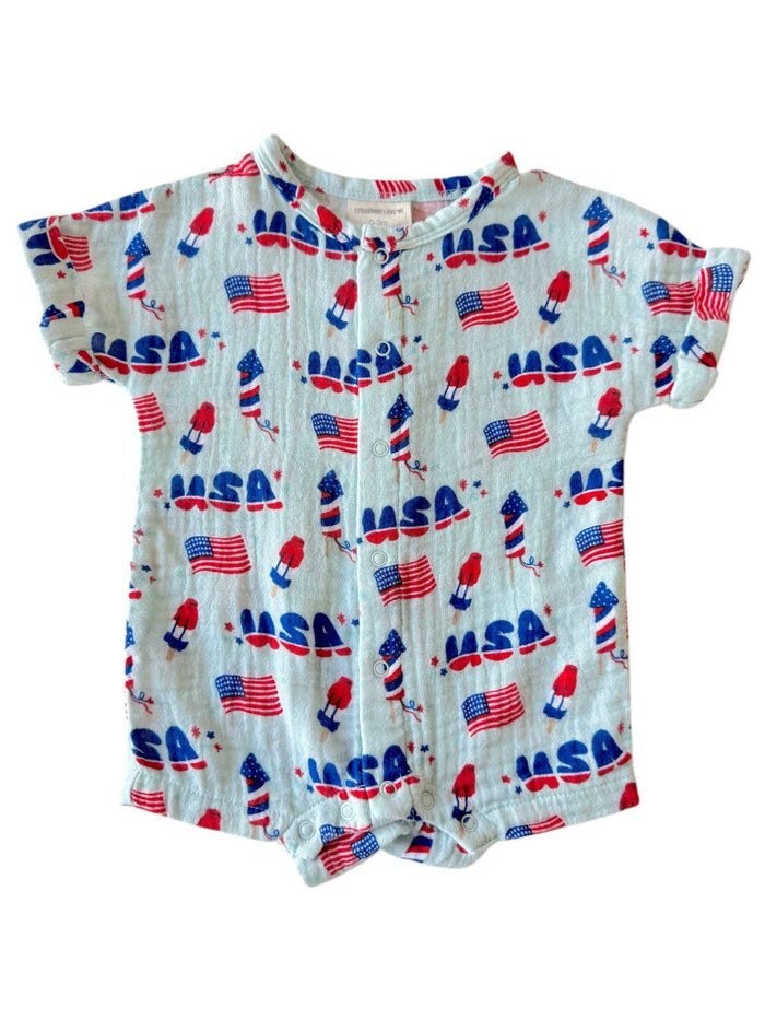 Muslin Henley Shortall, 4th of July Blue: 0 - 3 mo.