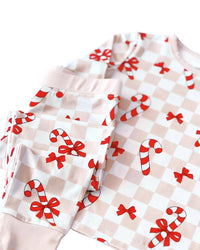 Christmas Bamboo Kids Two Piece Set | Bows & Candy Cane: 6-7Y