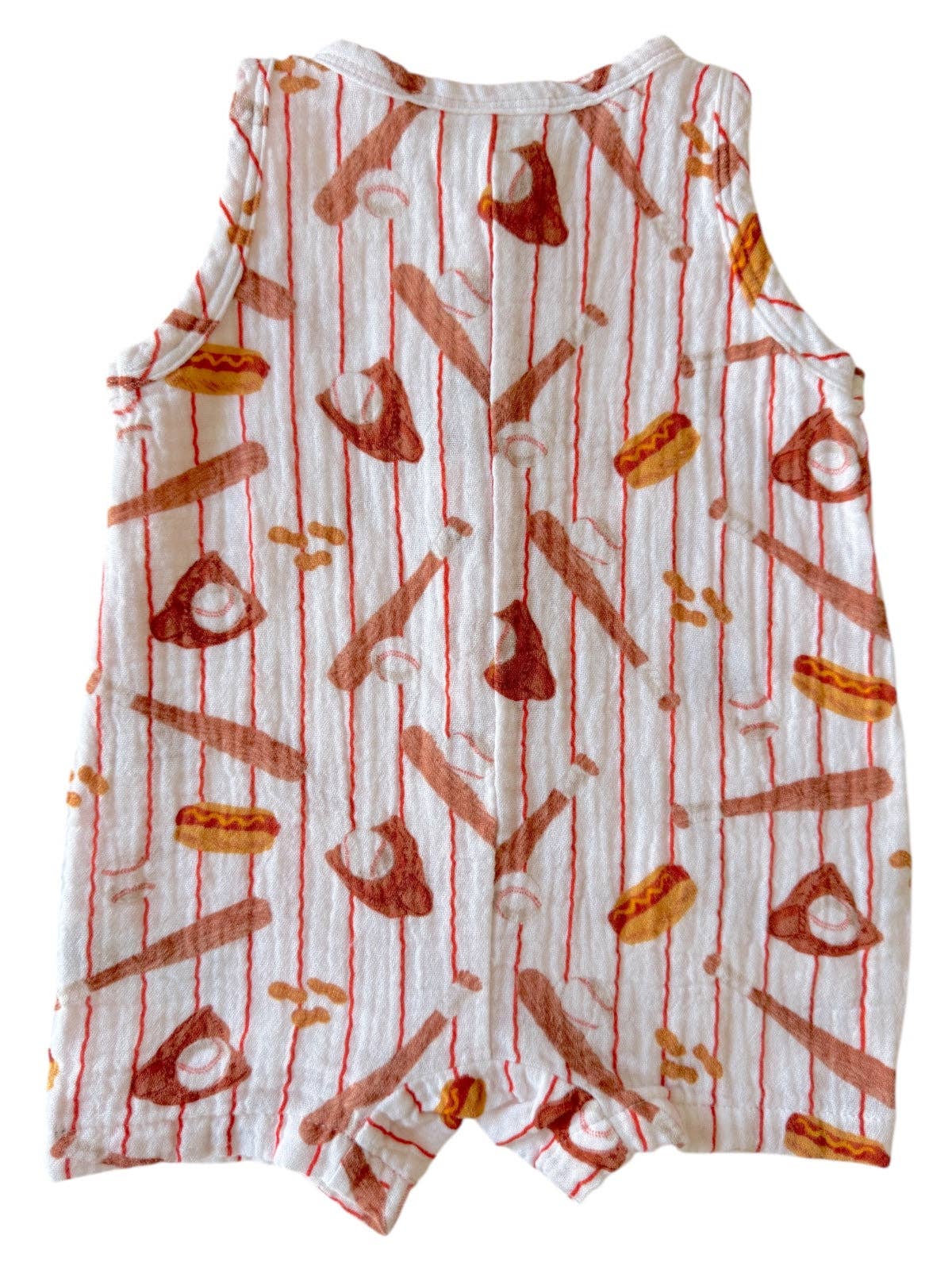 Muslin Shortie Romper, Baseball Game: 3 - 6 mo