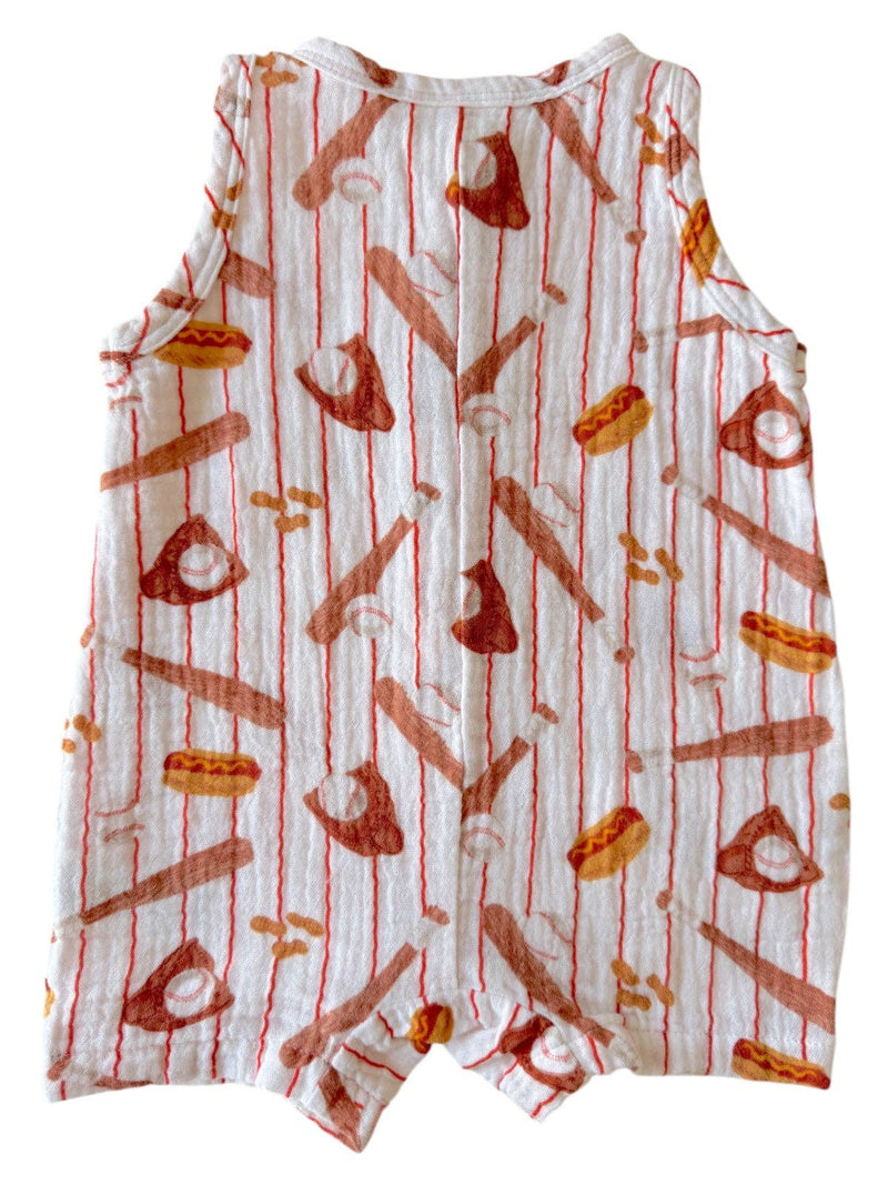 Muslin Shortie Romper, Baseball Game: 3 - 6 mo