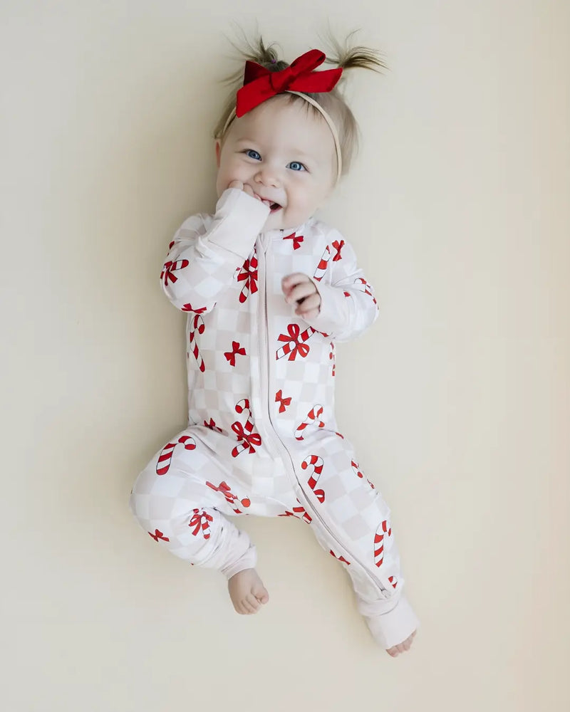 Christmas Baby Bamboo Clothes Zip Romper | Bows & Candy Cane: 12-18M