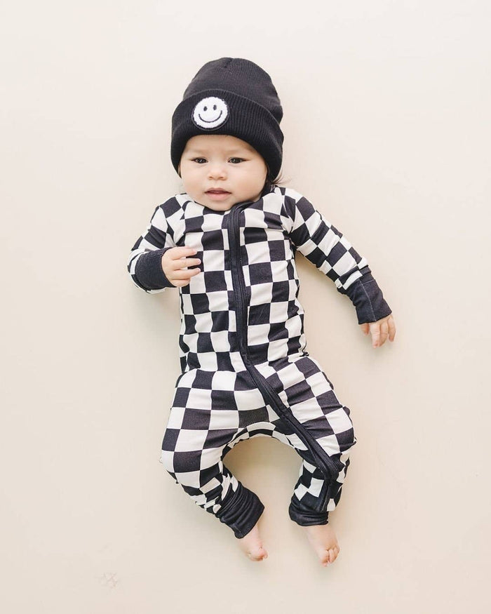 Bamboo Zip Romper | Black Checkered: 0-3M