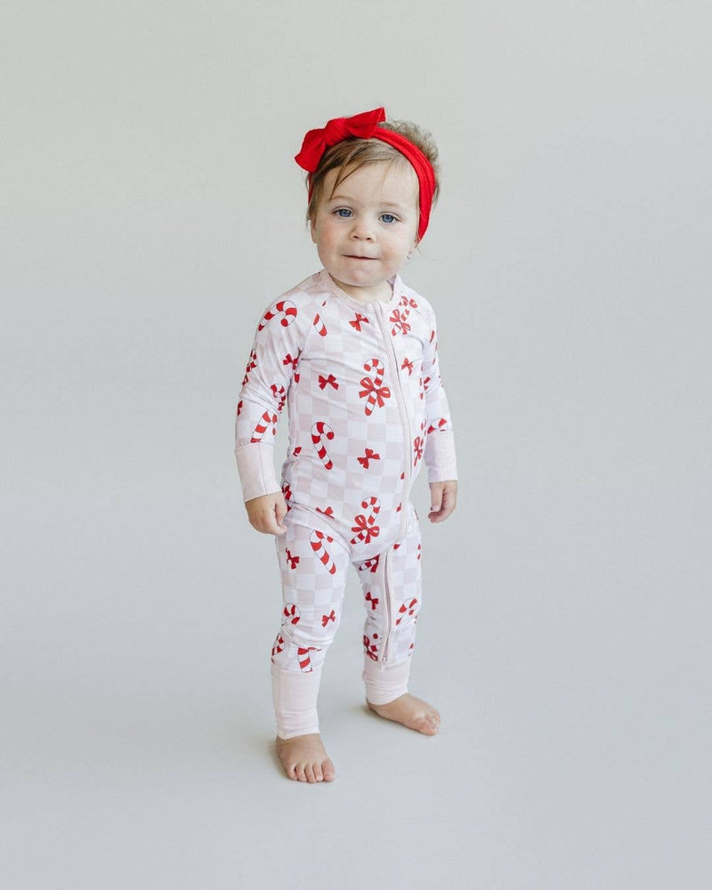 Christmas Baby Bamboo Clothes Zip Romper | Bows & Candy Cane: 12-18M