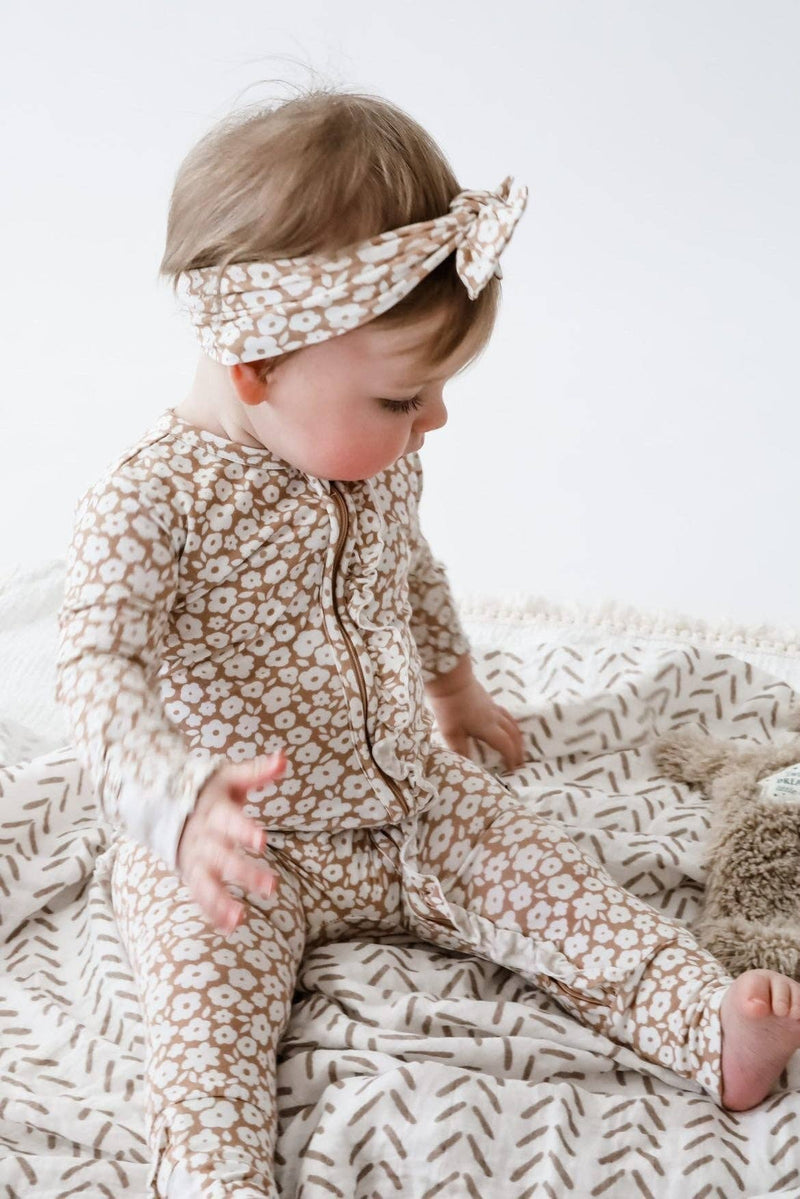 Ruffle Zipper One Piece - Mocha Ditsy Floral: 0-3 Months