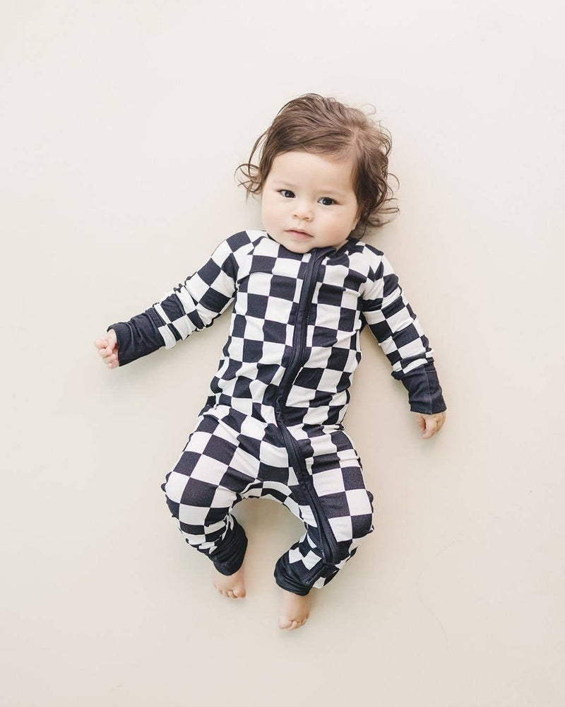 Bamboo Zip Romper | Black Checkered: 6-12M