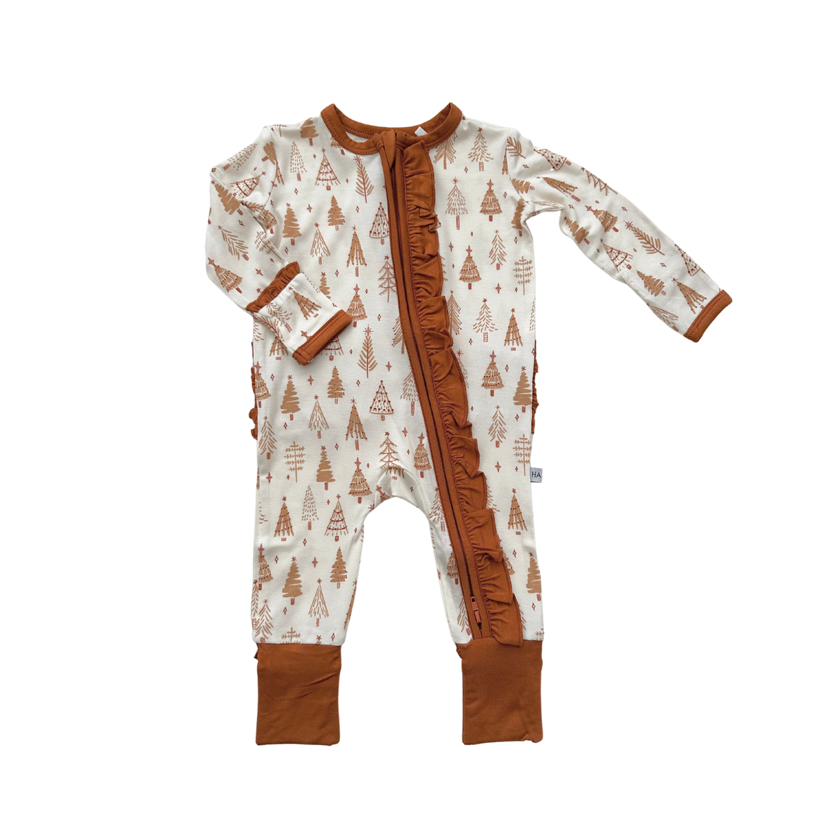 Ruffle Zipper Romper || Pine Christmas Trees