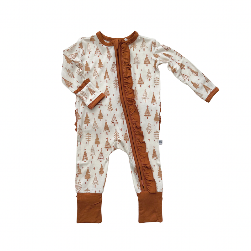 Ruffle Zipper Romper || Pine Christmas Trees