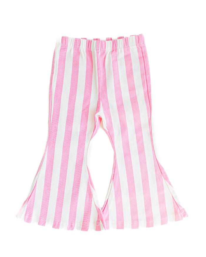 Landry Boho Denim Bell Bottoms || Pink + White Stripe